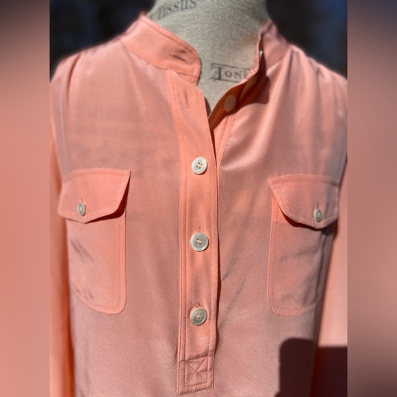 J. Crew Silk Blouse Size 10 orange pastel popover mandarin tab collar longsleeve - Picture 3 of 5